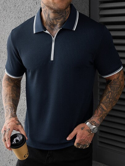 Manfinity CasualCool Chemise polo à manches courtes décontractée pour hommes, Top en tricot jacquard pour hommes, chemise polo à manches courtes rayée, style vintage, tenue décontractée quotidienne