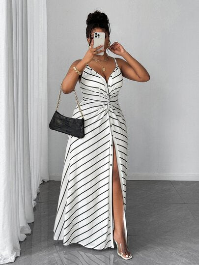 Maweii Robe d'été élégante à fines bretelles et dos nu rayée pour femmes grandes tailles, idéale pour les vacances et les fêtes