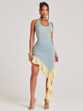 NYA SZN Robe mini longueur asymétrique ajustée à carreaux blocs de couleurs détails volants manches sans manches pour sortir en club fête d'anniversaire noir jaune été automne