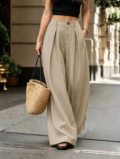 Holidaya Pantalon long ample plissé avec poches et boutons pour femmes