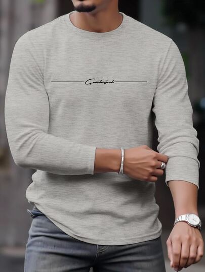 Manfinity Homme T-shirt polyvalent à manches longues et col rond avec imprimé lettres pour hommes