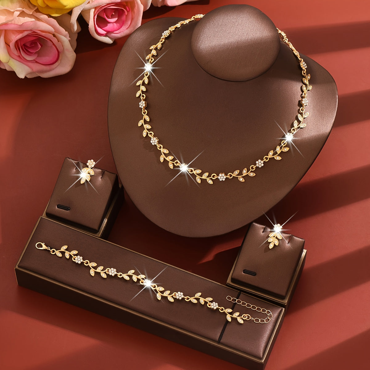 Ensemble de mariage pour femmes chic et élégant, comprenant 1 collier et 1 paire de boucles d'oreilles, design de fleur en strass en alliage à la mode pour bijoux de mariée de fête de mariage