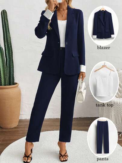 Ensemble 3 pièces femme: blazer décontracté à rayures et à col châle, camisole et pantalon skinny