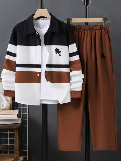 2 pièces Ensemble chemise-veste à col et manches longues & pantalon décontracté pour garçon préadolescent, Y2K, convient pour l'automne/l'hiver, l'école, les réunions de famille, la rentrée scolaire, les sports, tenue d'automne, tenue d'hiver