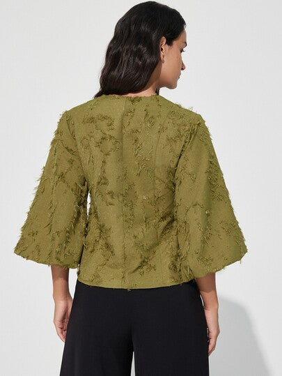 Aveloria Modichic Nouvelle blouse élégante à manches mi-longues bouffantes, design décoratif jacquard lanterne à franges, taille cintrée, mode polyvalente