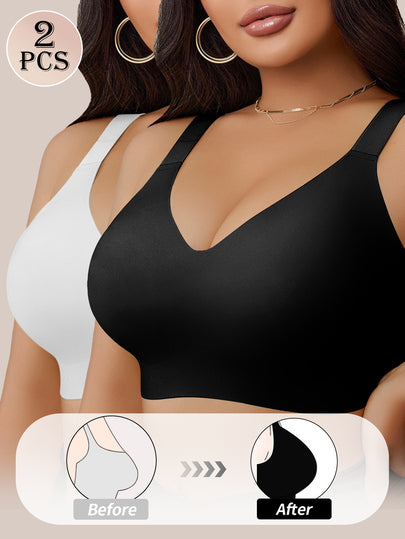 NudeFit 2 pièces Soutien-gorge sans couture à rayures en gelée pour femmes grandes tailles, doux et sans fil. Soulève et met en valeur la poitrine, avec coussinets amovibles