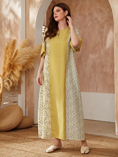Al Najma Robe tunique avec encolure échancrée à imprimé rayures et floral, Kaftan modeste