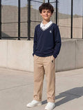 Explorewe 2 pièces/Set Top à col polo marin 2 en 1 brodé à rayures de style preppy et pantalon droit kaki pour garçons préadolescents, convient pour le quotidien, le campus rétro, les tenues de sport de rue, la rentrée scolaire, le printemps et l'automne
