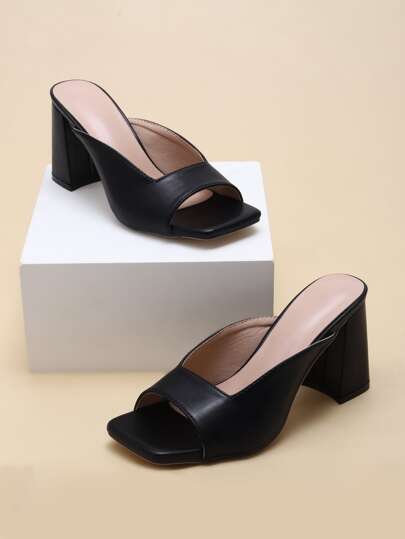 Mules à talons hauts à bout carré pour femmes, sandales noires mode sans dos pour le port extérieur minimaliste à talons épais, printemps/été, talons épais