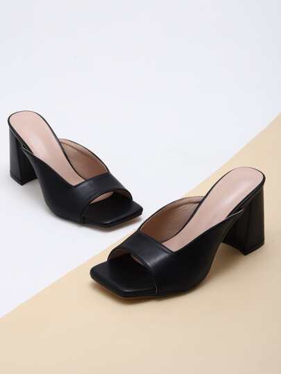 Mules à talons hauts à bout carré pour femmes, sandales noires mode sans dos pour le port extérieur minimaliste à talons épais, printemps/été, talons épais