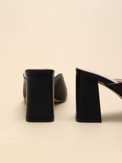 Mules à talons hauts à bout carré pour femmes, sandales noires mode sans dos pour le port extérieur minimaliste à talons épais, printemps/été, talons épais