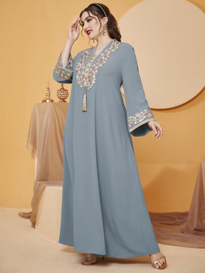Al Najma Robe maxi à fleurs avec garniture à franges brodées pour femmes