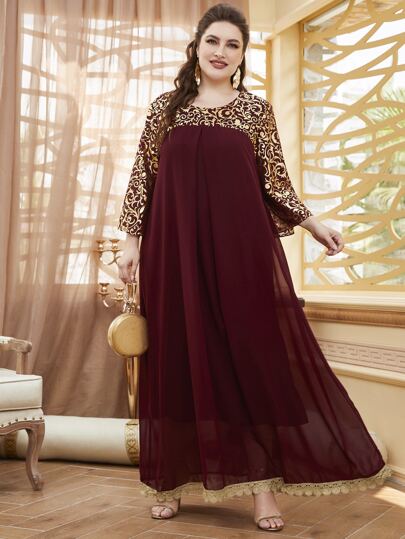 Lacomfia Robe avec imprimé baroque rouge bourgogne, tenue maxi femme pour Noël