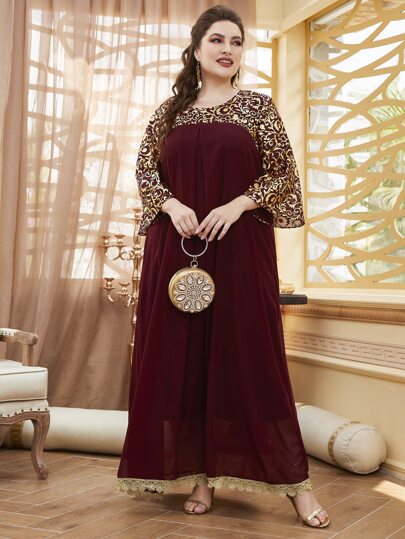 Lacomfia Robe avec imprimé baroque rouge bourgogne, tenue maxi femme pour Noël