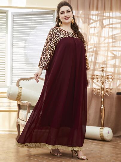Lacomfia Robe avec imprimé baroque rouge bourgogne, tenue maxi femme pour Noël