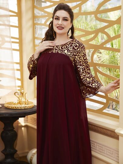 Lacomfia Robe avec imprimé baroque rouge bourgogne, tenue maxi femme pour Noël