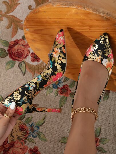 Escarpins à bout pointu à motif floral, chaussures à talons hauts élégantes et à la mode à imprimé floral multicolore pour femmes, idéales pour les fêtes et les talons aiguilles