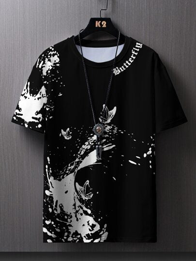 Manfinity Roughcore T-shirt homme avec imprimé papillon et éclaboussures d'encre, style années 2000