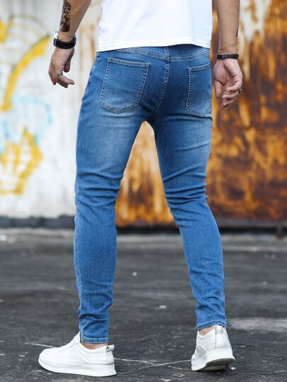 QuarKem Jeans slim en coton pour hommes avec zip à la braguette, coupe slim, lavé, bleu marine, cargo. Jeans légers, pour mari, cadeau pour petit-ami