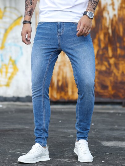 QuarKem Jeans slim en coton pour hommes avec zip à la braguette, coupe slim, lavé, bleu marine, cargo. Jeans légers, pour mari, cadeau pour petit-ami