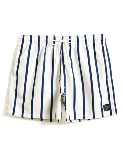 Manfinity Swimmode Short de bain pour hommes avec taille à cordon de serrage, poches de , léger, extensible 4 directions, patchs de lettres, rayures pour resort décontracté, vacances à la plage, tissu blanc non extensible doublé, style hawaïen, séchage ra