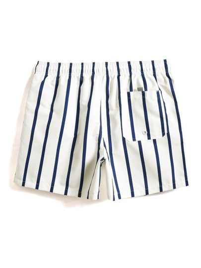 Manfinity Swimmode Short de bain pour hommes avec taille à cordon de serrage, poches de , léger, extensible 4 directions, patchs de lettres, rayures pour resort décontracté, vacances à la plage, tissu blanc non extensible doublé, style hawaïen, séchage ra