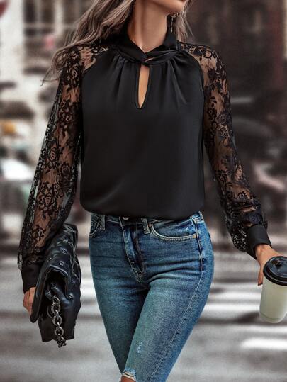 EMERY ROSE Blouse à encolure dégagée, manches raglan contrastées en dentelle, Top à manches longues