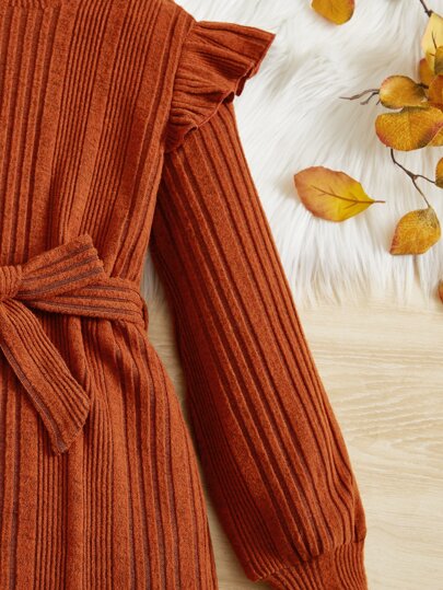 Robe pull en tricot côtelé à col roulé à manches longues pour jeunes filles