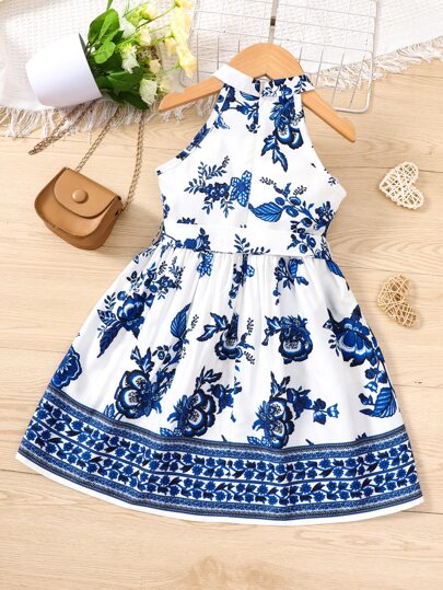 Jeune Fille Robe Bleu & Blanc Imprimé Floral Style Ras-Du-Cou Vacances Pour L'été
