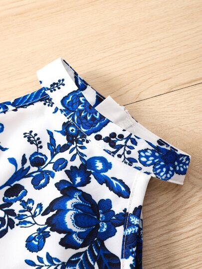 Jeune Fille Robe Bleu & Blanc Imprimé Floral Style Ras-Du-Cou Vacances Pour L'été