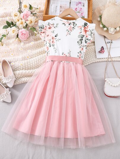 Robe ceinturée pour préadolescente avec imprimé floral, bordure à volants et ourlet en maille