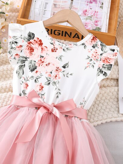 Robe ceinturée pour préadolescente avec imprimé floral, bordure à volants et ourlet en maille
