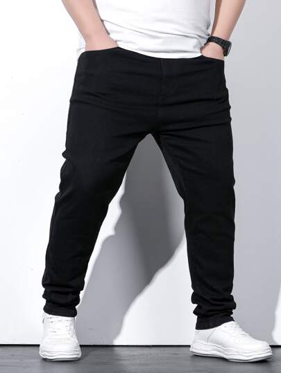 Manfinity Homme Hommes Coton unicolore Jeans à Poches en Biais Slim Fit Long Noir Lavé Jean Cargo Noir unicolore Travail Décontracté Taille