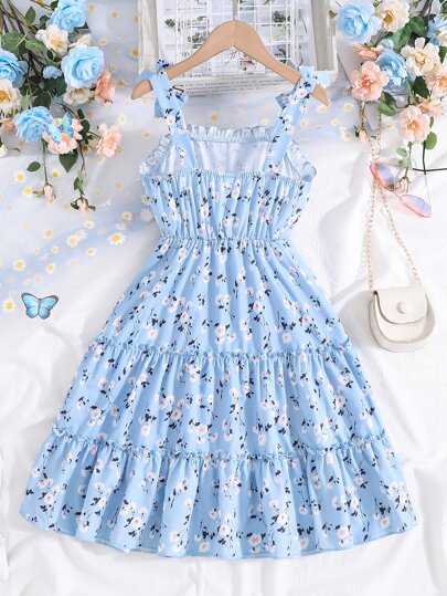 Sparklyn Adolescent Fille Robe À Fines Brides Imprimé Floral À Plis À Nœuds