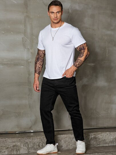 Manfinity Homme Hommes Coton unicolore Jeans à Poches en Biais Slim Fit Long Noir Lavé Jean Cargo Noir unicolore Travail Décontracté Taille