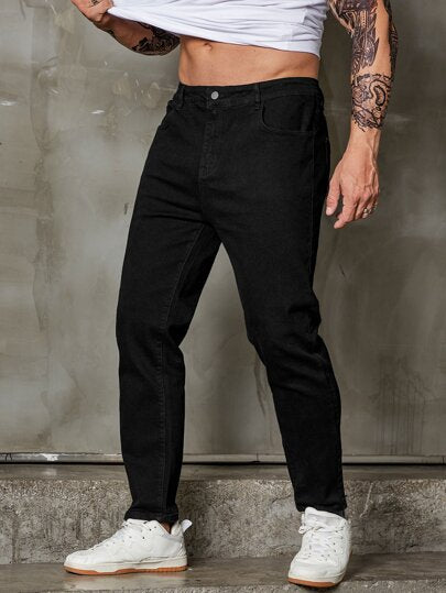 Manfinity Homme Hommes Coton unicolore Jeans à Poches en Biais Slim Fit Long Noir Lavé Jean Cargo Noir unicolore Travail Décontracté Taille