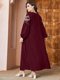Al Najma Robe bordeaux à manches lanternes avec broderie florale, tenue maxi pour femmes