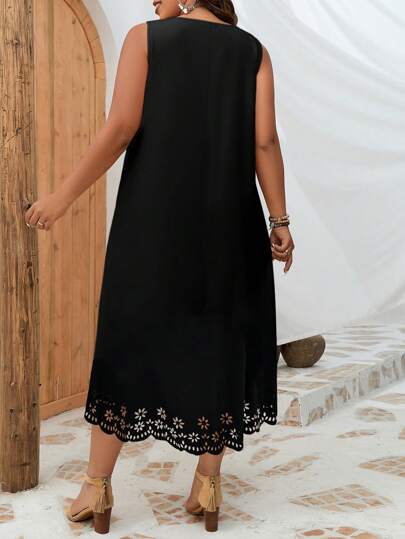 INAWLY Robe sans manches à détails ajourés festonné