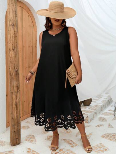INAWLY Robe sans manches à détails ajourés festonné