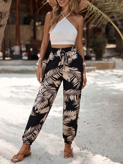 Breezaya Pantalon à imprimé tropical à taille froncée ceinturé