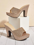 Sandales mules femmes avec décoration de paillettes et strass, sandales glamour à talons épais, talons compensés pour femmes