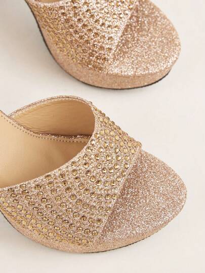 Sandales mules femmes avec décoration de paillettes et strass, sandales glamour à talons épais, talons compensés pour femmes