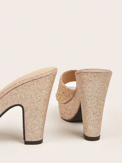 Sandales mules femmes avec décoration de paillettes et strass, sandales glamour à talons épais, talons compensés pour femmes