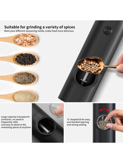 Ensemble de moulin à sel et poivre électrique, moulin automatique rechargeable USB Type-C avec base de chargement, grossièreté réglable, plaque de broyage en céramique, lumière LED, utilisation à une main, moulin électrique rechargeable, convient pour la