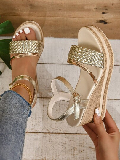 Sandales compensées à plateforme avec décoration de strass tressés dorés pour femmes, style bohème jeune, mode décontracté polyvalente, sandales compensées pour vacances