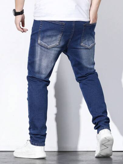Chillumni Jeans déchirés et effilochés avec lavage au javel pour hommes, jeans slim fit à long lavage bleu foncé uni, jeans cargo, pour maris, cadeaux pour petits amis