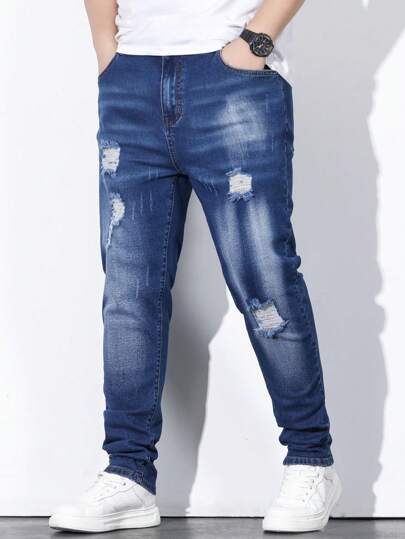 Chillumni Jeans déchirés et effilochés avec lavage au javel pour hommes, jeans slim fit à long lavage bleu foncé uni, jeans cargo, pour maris, cadeaux pour petits amis