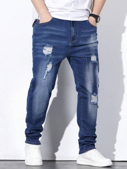 Chillumni Jeans déchirés et effilochés avec lavage au javel pour hommes, jeans slim fit à long lavage bleu foncé uni, jeans cargo, pour maris, cadeaux pour petits amis