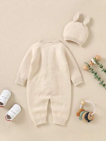 Vintaside Kids Combinaison tricotée à manches raglan avec volants et boutons devant & bonnet pour bébé fille, automne