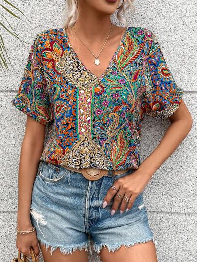 Breezaya Blouse à manches chauve-souris imprimée cachemire, hauts à manches courtes